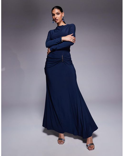 ASOS Long Sleeve Drape Maxi Dress With Hitched Skirt And Trim in Blue | Lyst