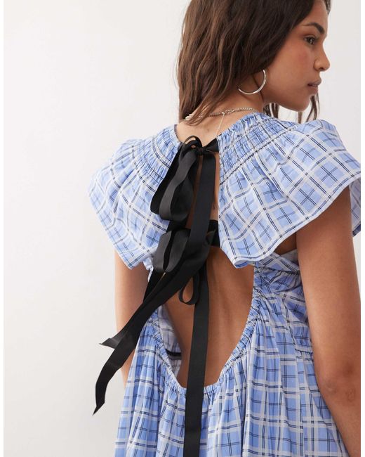 Collusion Blue Frill Sleeve Check Mini Dress