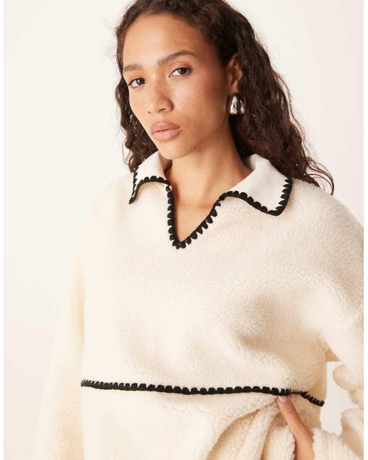 ASOS Natural Borg Fleece Pullover Sweat With Blanket Stitch Detail