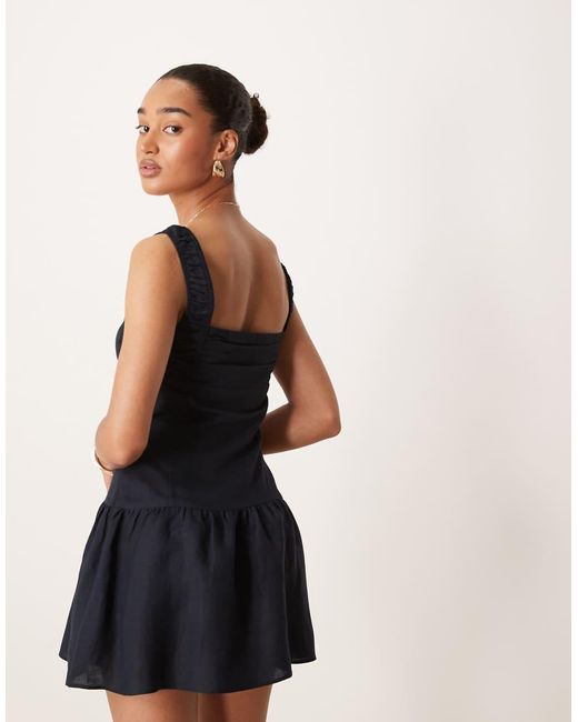 Lioness Blue Heart Shaped Linen Blend Milkmaid Tie Front Button Detail Gathered Skirt Mini Dress