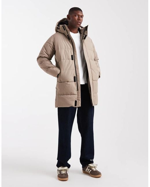 Only & Sons Natural Waterproof Longline Puffer Coat With Hood for men