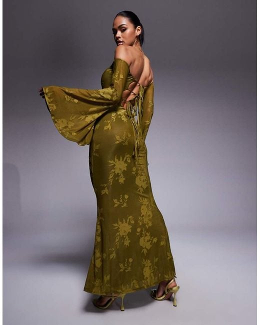 Yellow Green Floral Long Sleeve Dress ASOS DESIGN Long Sleeve Layered Godet Bias  Cut Maxi Dress