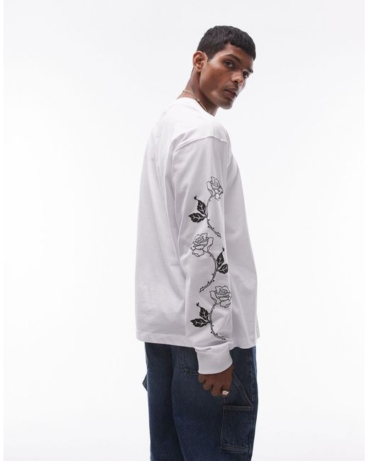 Topman Gray Oversized Fit Long Sleeve T-shirt With Roses Chest And Sleeve Print for men