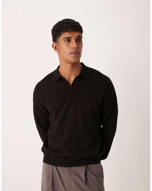 ASOS Black Relaxed Fit Knitted Long Sleeve Notch Neck Polo for men