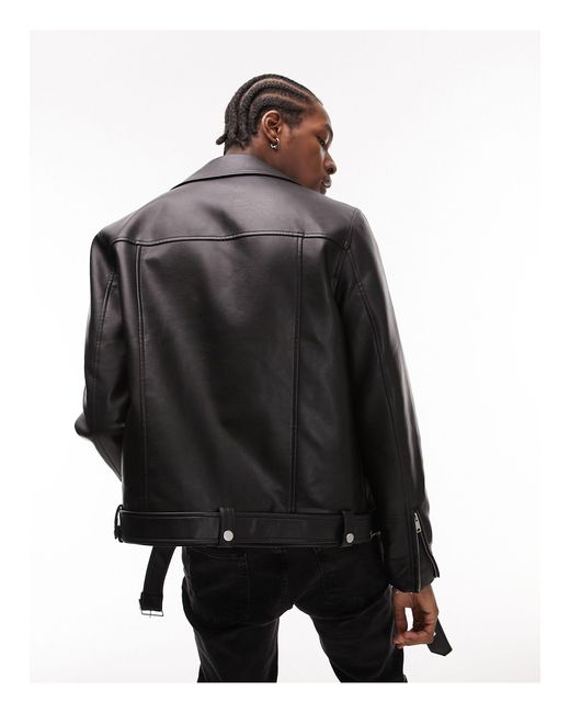 Topman Black Faux Leather Belted Moto Jacket for men