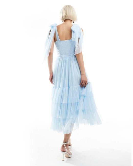 LACE & BEADS Blue Bridesmaid Bow Shoulder Tiered Midi Dress