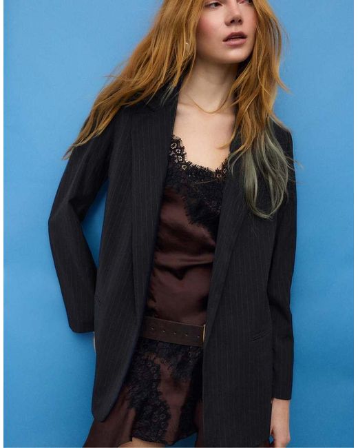 Stradivarius Blue Striped Open Blazer