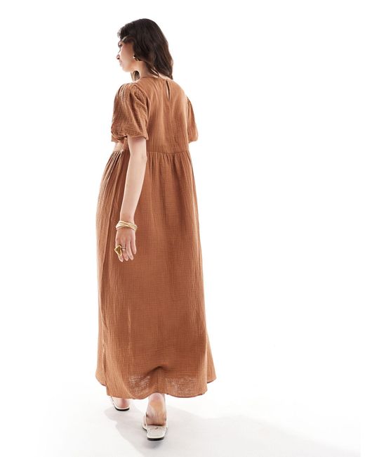 ASOS Brown Double Cloth Midi Smock Dress With Puff Ball Sleeves