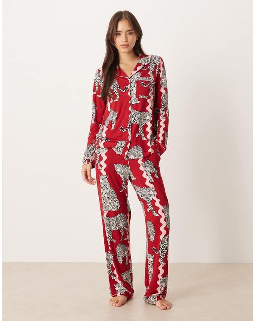 Chelsea Peers Red Poly Long Sleeve Revere Pyjama Set