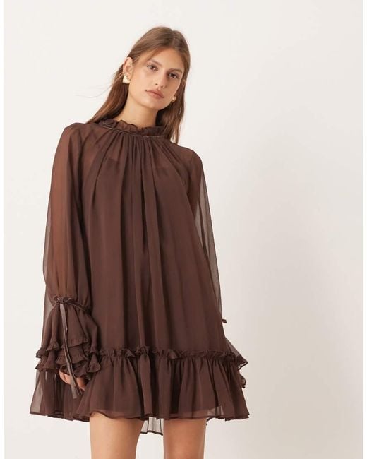 ASOS Brown Smock Mini Dress With Tiered Ruffle Cuff And Velvet Bows