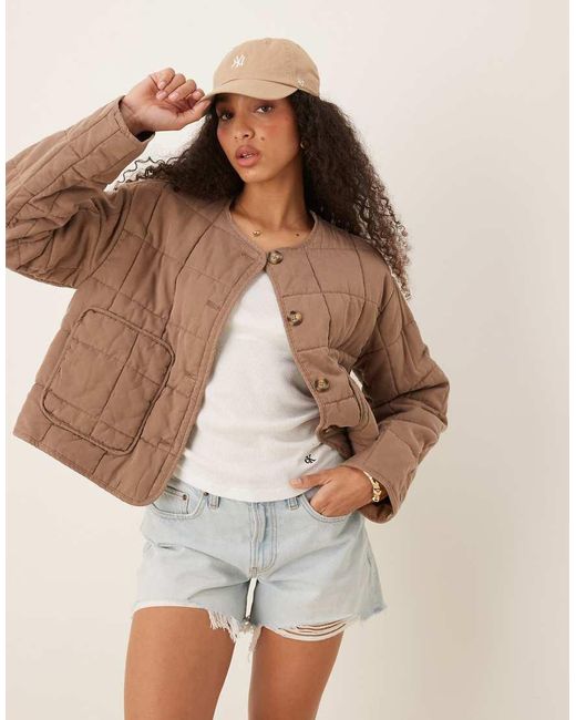 ASOS Brown Crop Collarless Quilted Jacket