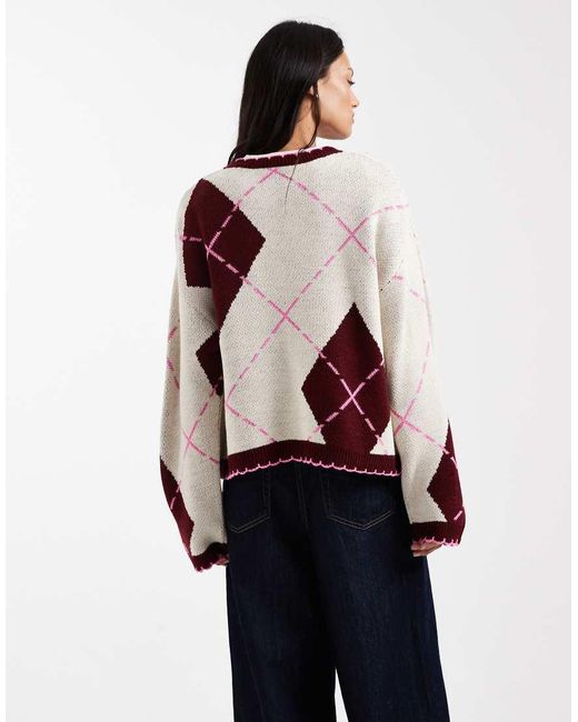 Miss Selfridge Red Blanket Stitch Argyle Cardigan