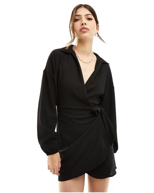 ASOS Black Textured Long Sleeve V Neck Wrap Mini Dress