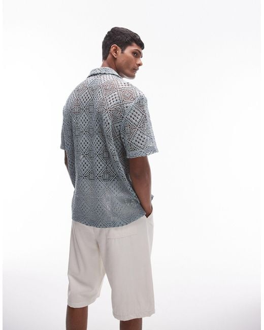 Topman Gray Short Sleeve Grid Crochet Shirt for men
