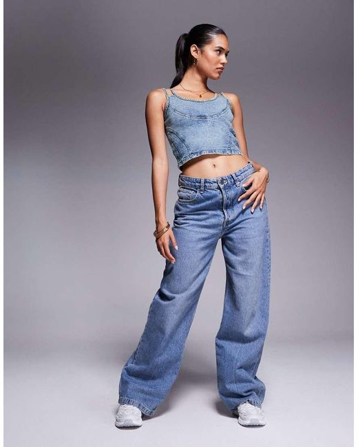 Liquor N Poker Blue Stitch Detail Denim Crop Top
