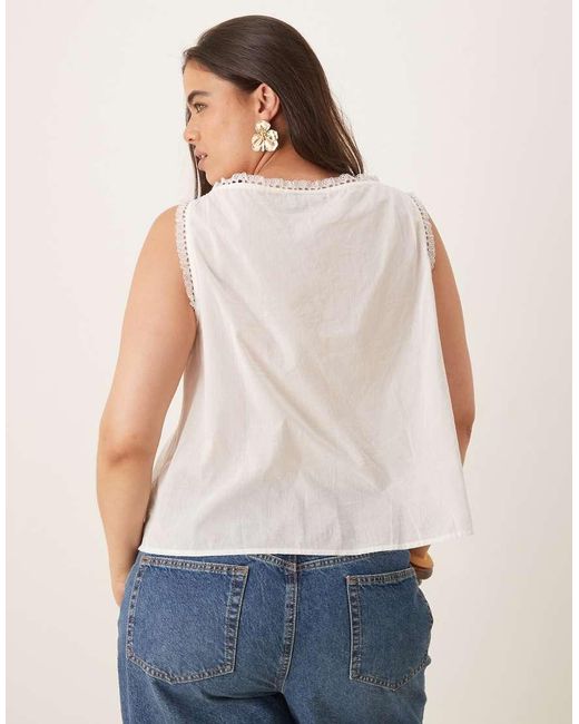 ASOS White Asos Design Curve Sleeveless Lace Trim Top With Ribbon Tie Detail