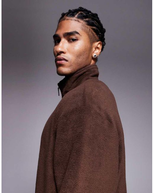 ASOS Brown Relaxed Funnel Neck Quarter Zip Fleece Sweatshirt for men