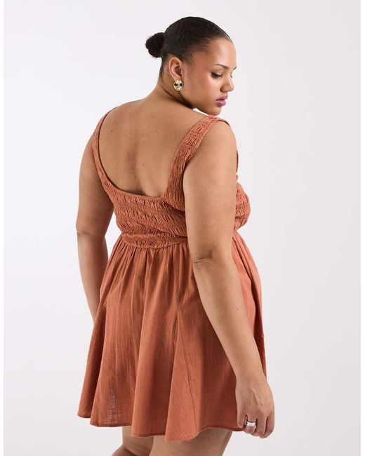 ASOS Orange Asos Design Curve Selina Beach Textured Cotton Shirred Mini Sundress