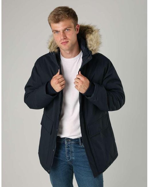 French Connection Blue Faux Fur Hooded Parka Longline Zip-Through Jacket for men