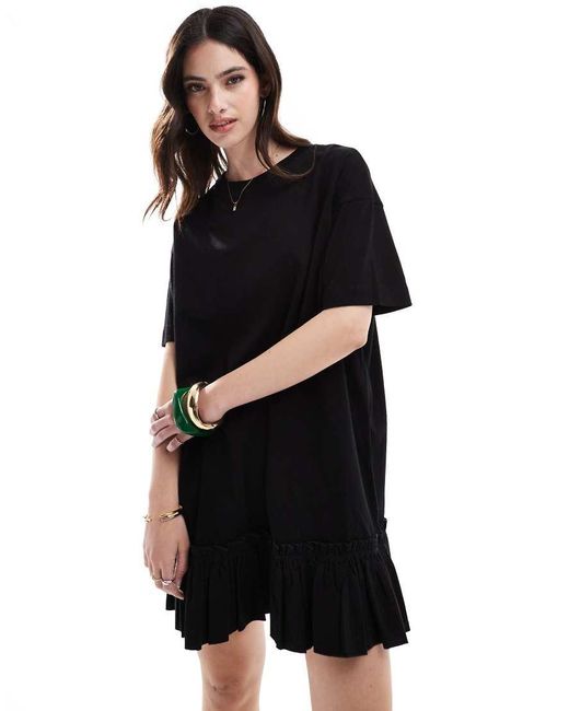Miss Selfridge Black Poplin Frill Detail T-shirt Dress