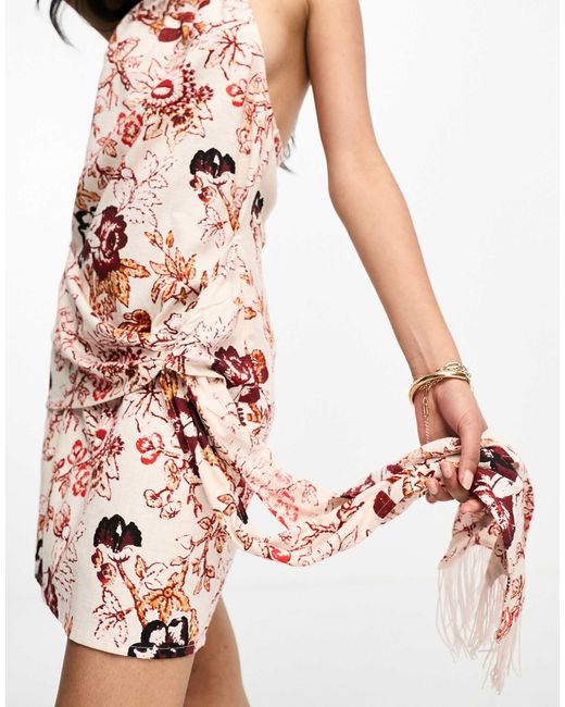 ASOS Multicolor Linen Halter Mini Sundress With Big Waist Tie Detail