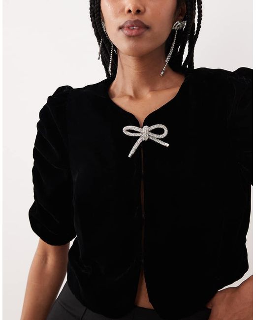 Gina Tricot Black Short Sleeve Velvet Velour Blouse With Silver Dimonte Bows