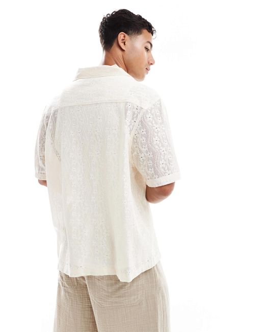 River Island – boxy-fit-hemd aus häkelstoff in White für Herren