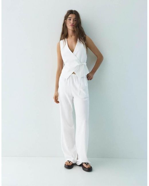 Pull&Bear White Linen Blend Vest With Side Tie Fastening