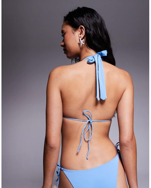 ASOS Blue Simone Triangle Bikini Top With Plaited Strap And Beads