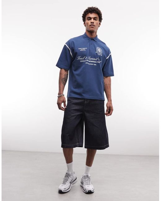 ASOS Blue Heavyweight Oversized Pique Polo With Piping Detail And Football Graphic for men