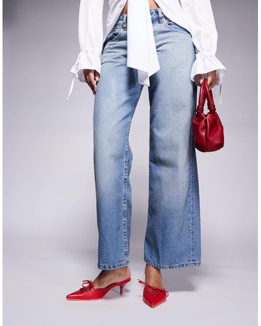 Public Desire Blue Geneva Pointed Kitten Heel Mules With Lace Up