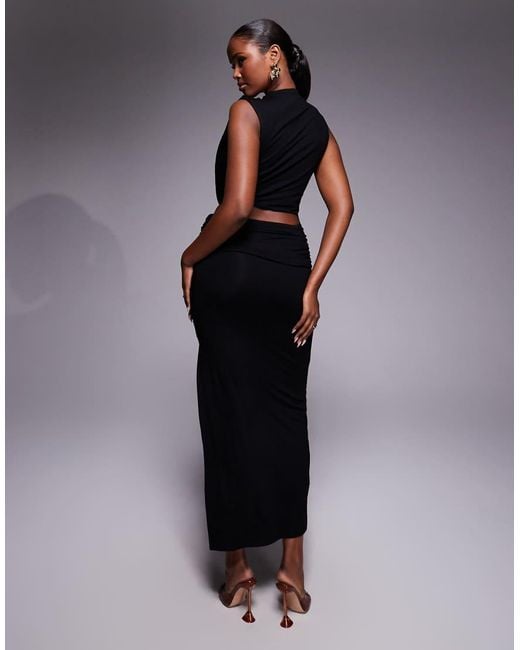 ASOS Blue High Neck Drape Detail Midi Dress With Cutout Waist