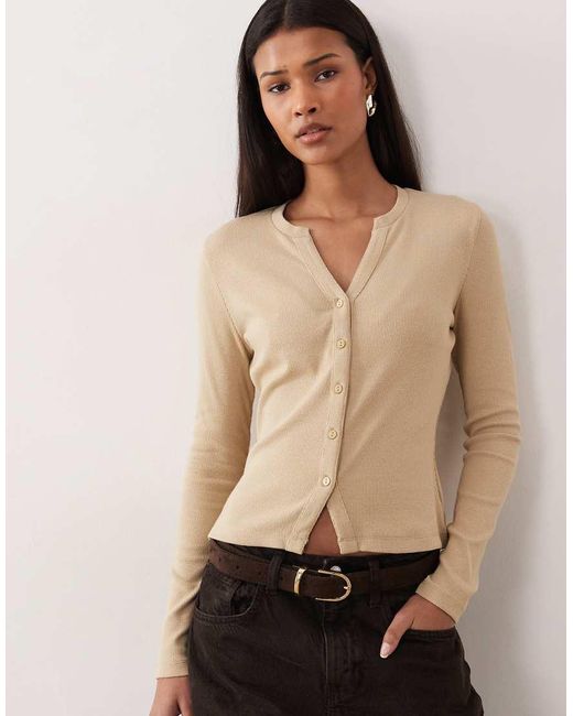 Threadbare Natural Long Sleeve Button Through Ribbed Top
