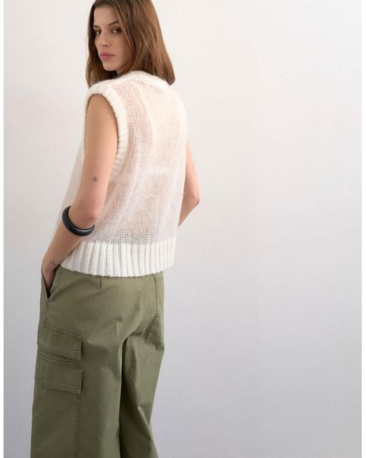 TOPSHOP Gray Knit Sheer Embroidered Floral Sweater Vest