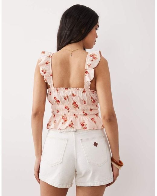 Miss Selfridge White Ditsy Print Shirred Top With Ruffle Sleeve