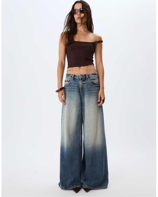 Stradivarius Blue D66 Low-waist Super Wide-leg Jeans