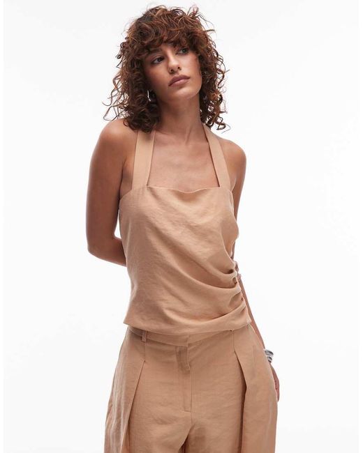 Mango Brown Cotton Halter Cinched Side Top Co-ord