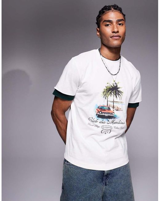 T-Shirt Oversize Con Maniche A Doppio Strato Color Crema Con Stampa Di Auto di ASOS in Gray da Uomo