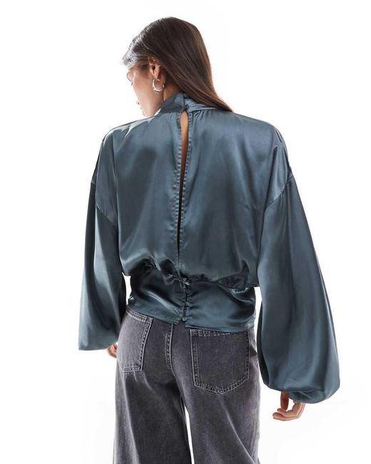 ASOS Blue Satin Wrap Top With Choker Detail