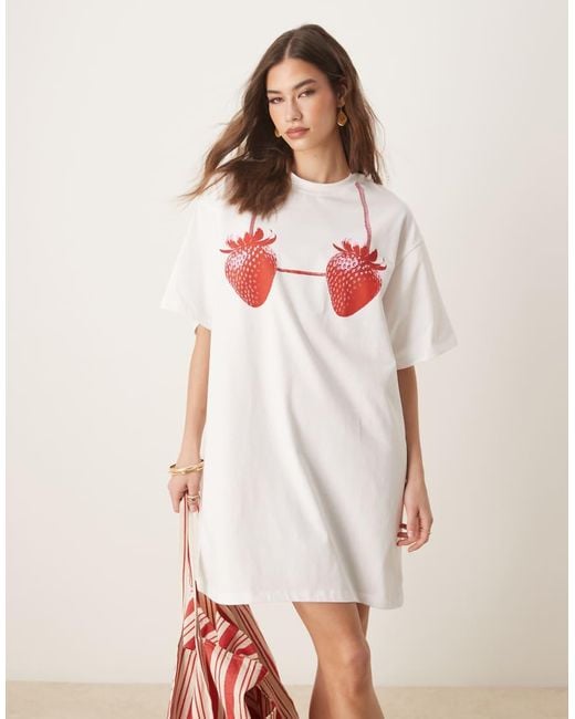 ASOS Natural Oversized T-shirt Mini Dress With Strawberry Print