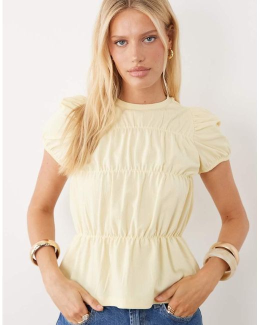 ASOS Natural Shirred Crepe Puff Sleeve Top