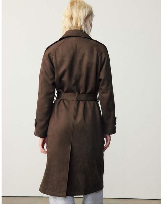 Stradivarius Brown Long Faux Suede Trench Coat