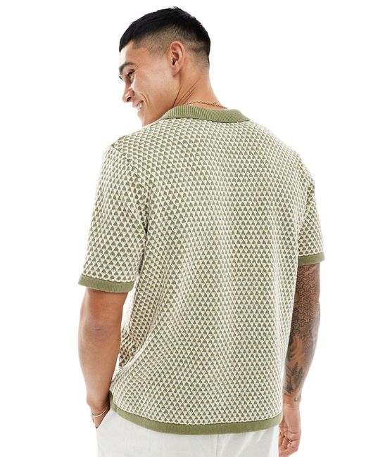 ASOS Green Knitted Textured Button Through Polo for men