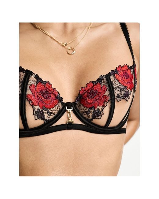 Ann Summers Natural A-d Cup Caged Rose Non Padded Balcony Bra With Floral Embroidery
