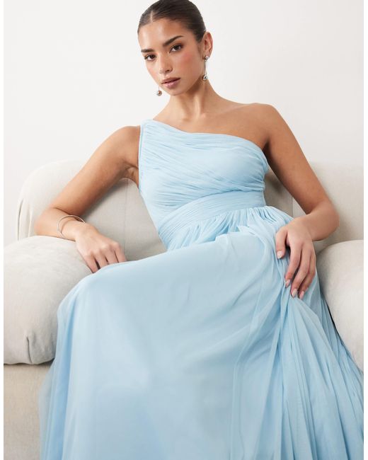 LACE & BEADS Bridesmaid Tulle One Shoulder Fitted Waist Maxi Dress in Blue