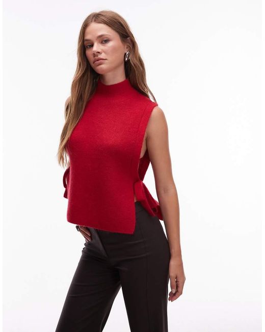 & Other Stories Red Wool And Mohair Mock Neck Knitted Vest With Side Tie Detail