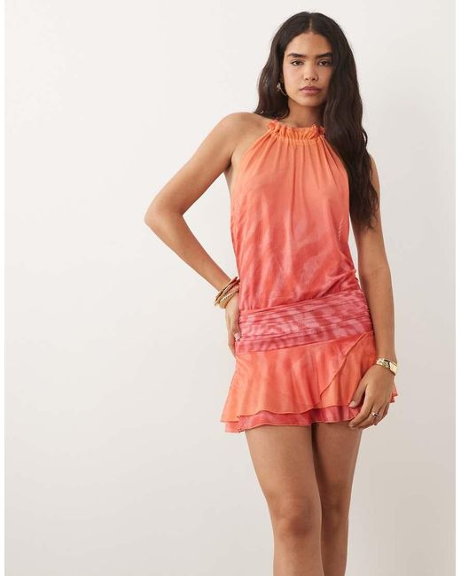 I.AM.GIA Red Aria Mesh Halterneck Ruffle Hem Mini Dress