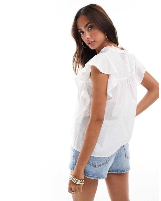 Vero Moda White High Neck Flutter Sleeved Embroidered Top