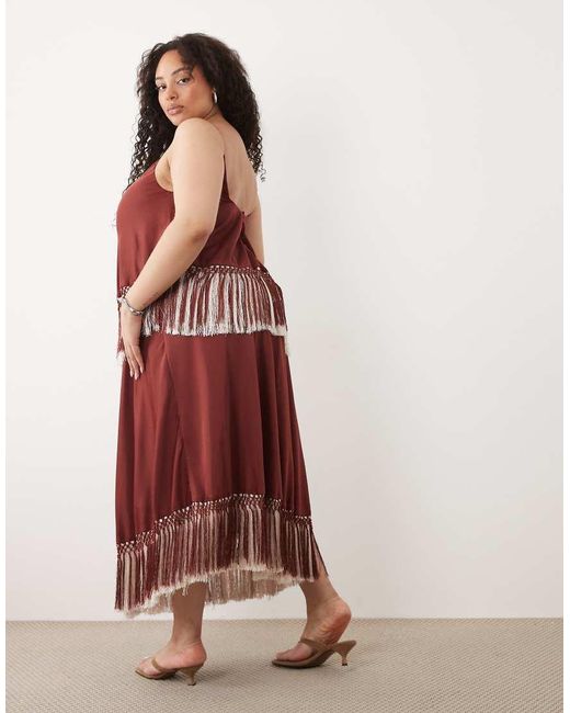 ASOS Asos Design Curve Double Tier Layered Two Tone Fringe Satin Cami Maxi Dress