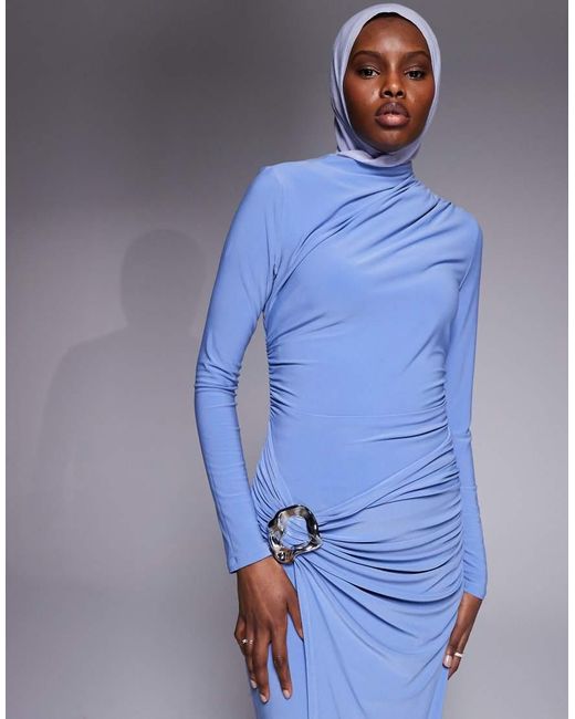 ASOS Blue Long Sleeve Maxi Dress With Trim Detail